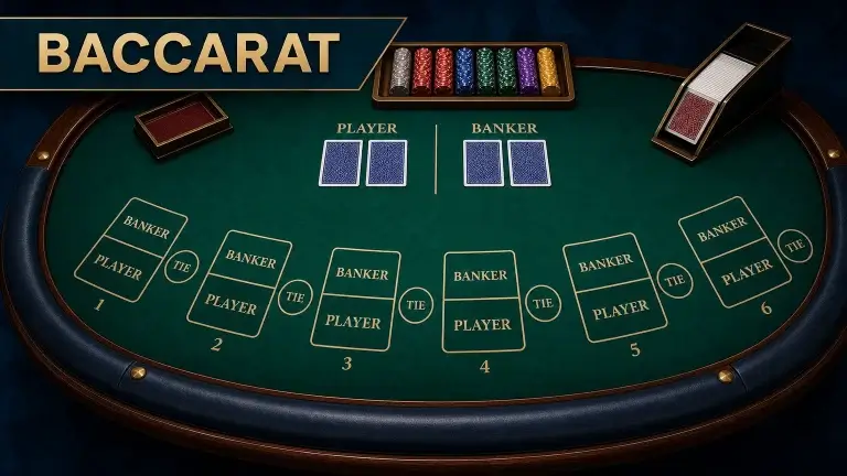 A professional baccarat table with six numbered Player, Banker and Tie betting positions