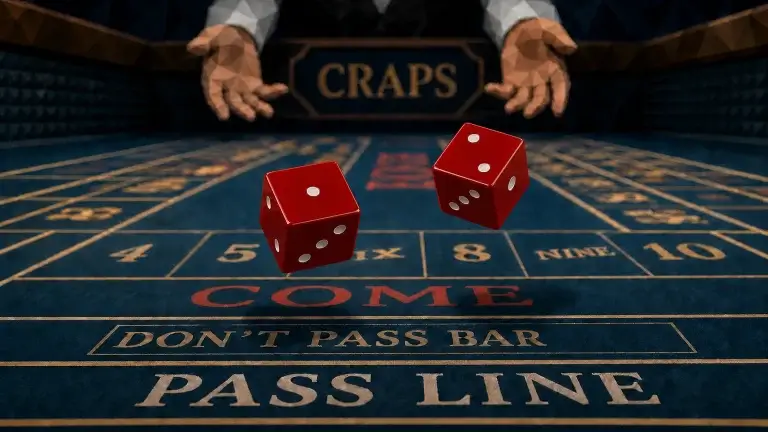 Two red dice flying over a craps table with the Pass Line, Don’t Pass and Come areas visible
