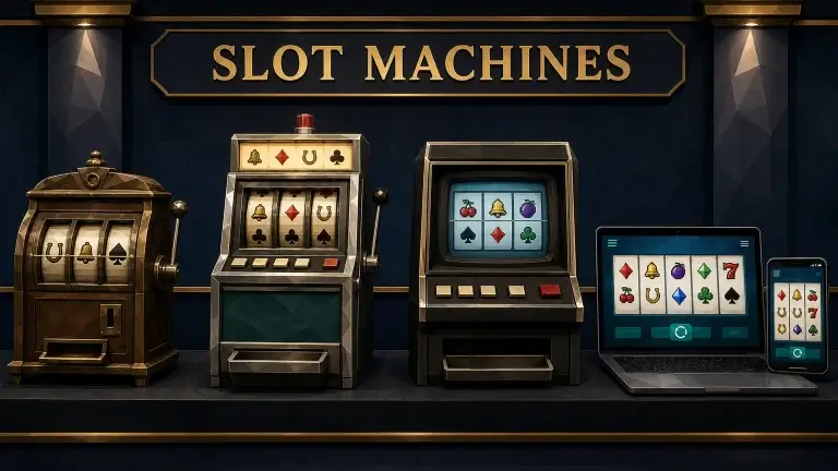 Mechanical, electromechanical, video and online slot machines arranged as a historical timeline