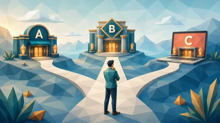 A player choosing between three online casinos before deciding where to play