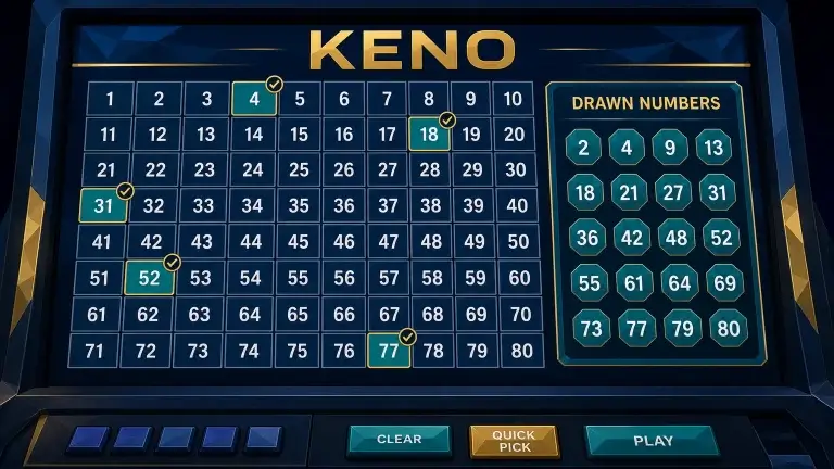 A keno screen showing selected spots on an 80-number grid beside a 20-number draw display