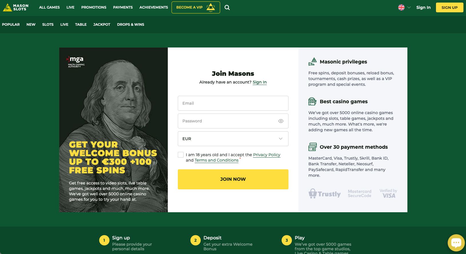Mason Slots Casino homepage