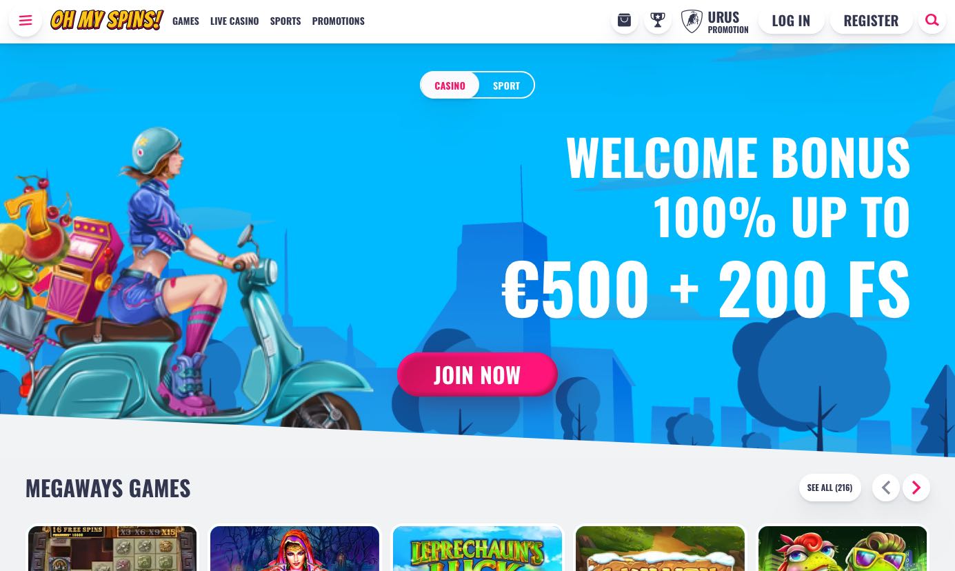 OhMySpins Casino Homepage