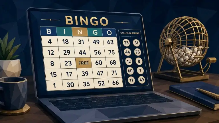 An online 75-ball bingo card with correct B-I-N-G-O number ranges beside a ball cage