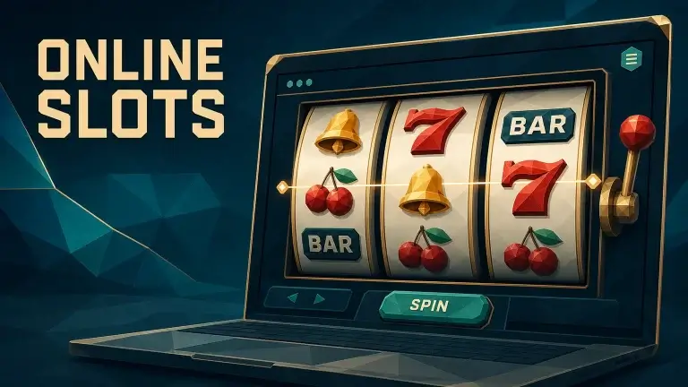 A low-poly laptop showing an online slot with reels, classic symbols and a Spin button