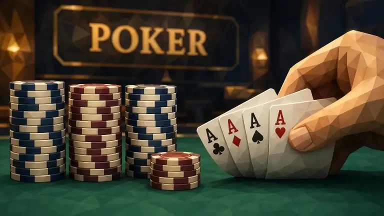 A hand holding all four aces beside four large stacks of poker chips on green felt