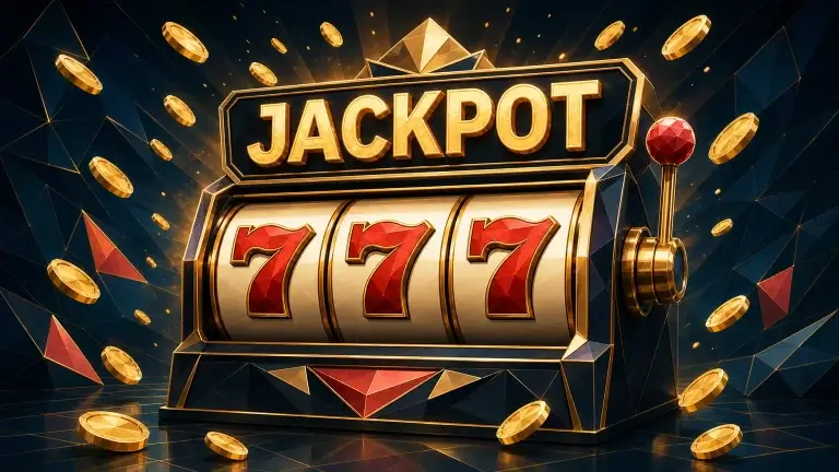 A slot machine showing three sevens beneath a jackpot sign with gold coins flying around it