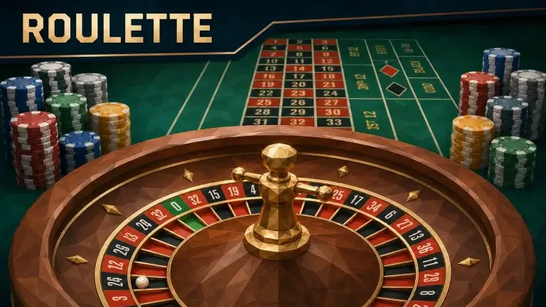 A single-zero roulette wheel beside a betting layout with inside and outside betting areas highlighted