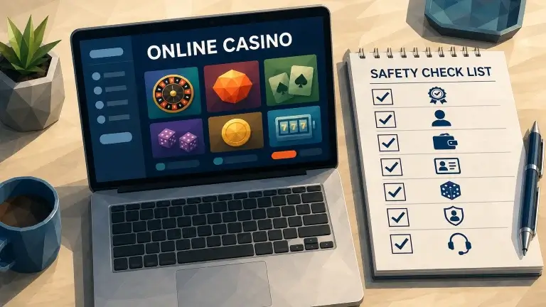 An online casino homepage beside a safety checklist covering licensing, identity, withdrawals, game testing and player protection