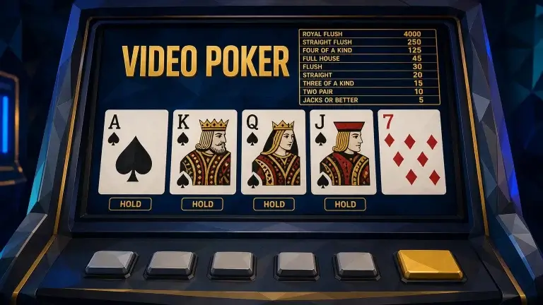 A video poker screen showing four spades held toward a royal flush while an unrelated fifth card is discarded